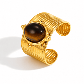 Anel Dourado com Pedra Olho de Tigre Ajustável
